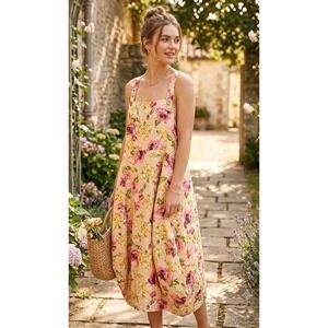 B. Hadikusumo 100% Linen Floral Jumper Overall Dress One Size Lagenlook Cocoon
